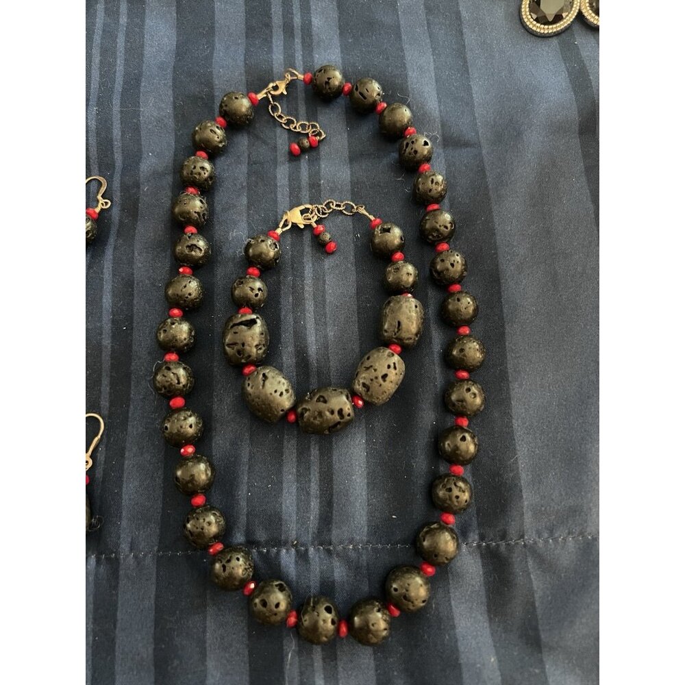 Natural Lava Stone Mala Bead Necklace, Bracelet Earrings Set. Adjustable - Picture 5 of 5